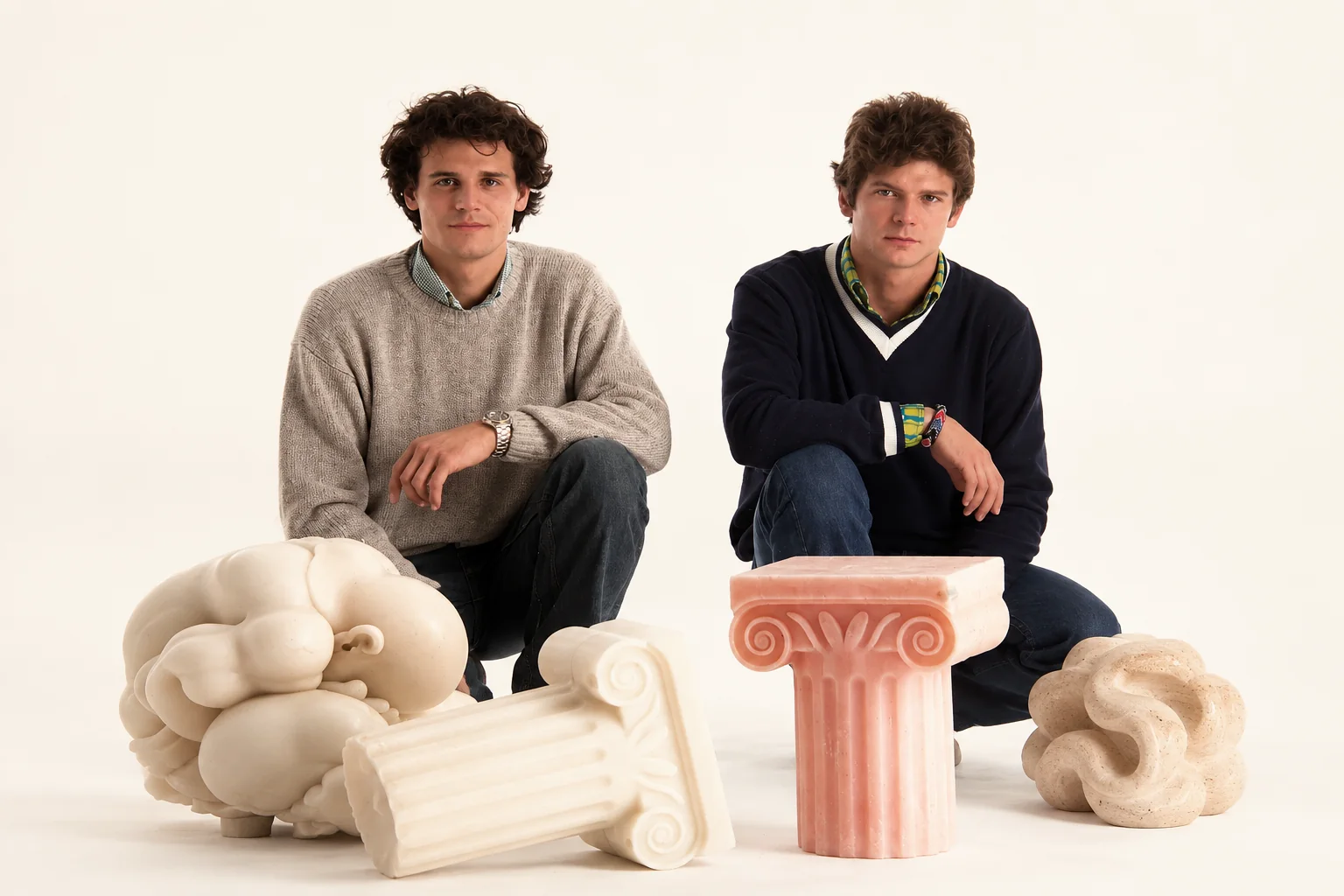 Filippo e Fabio Cicogna accanto ad alcune sculture in cera